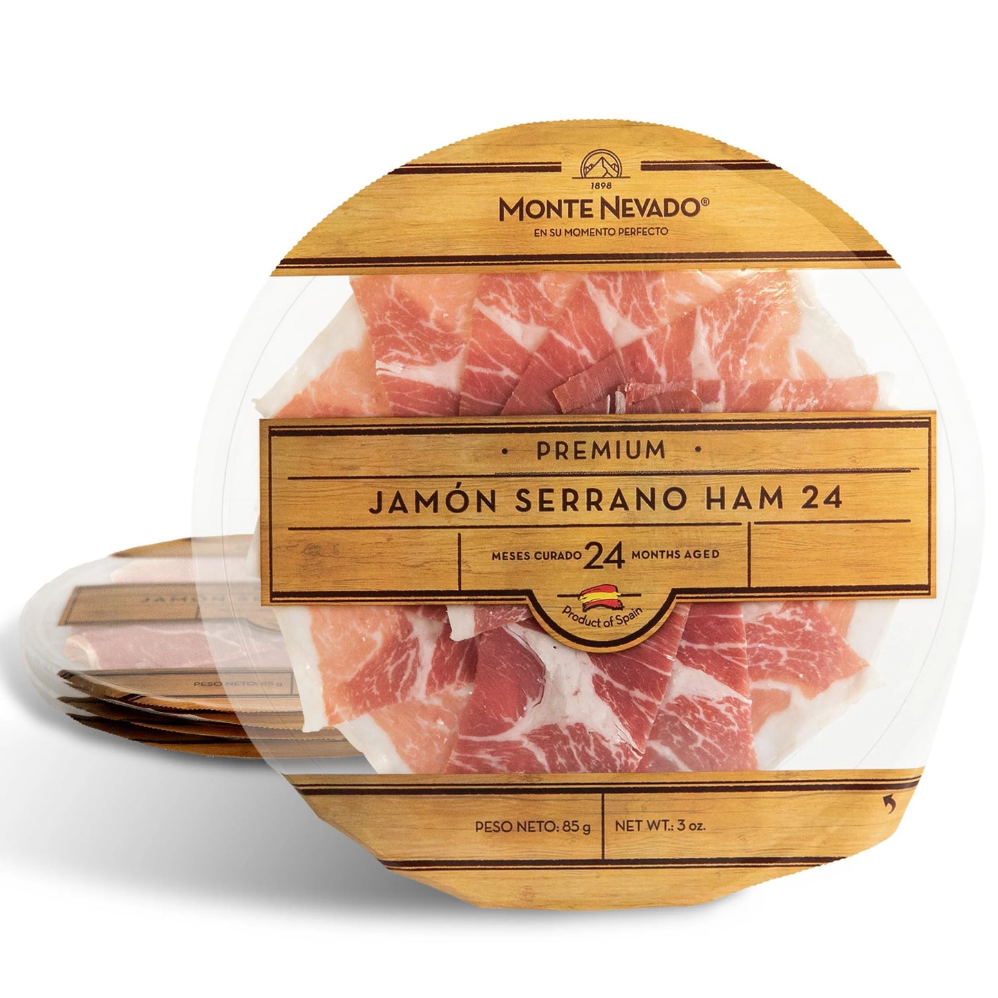 Monte Nevado Serrano Sliced Ham - 3 oz Each, Pack of 8 Plates - 24 Months Avg Curing Time - Authentic Spanish Jamon Serrano